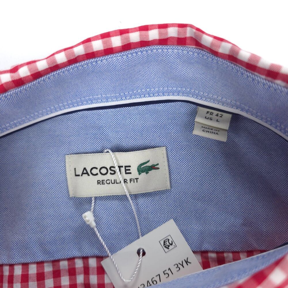 NWT Lacoste Regular Fit Check Sport Shirt Goji Red White Plaid Preppy Academia - Picture 9 of 11